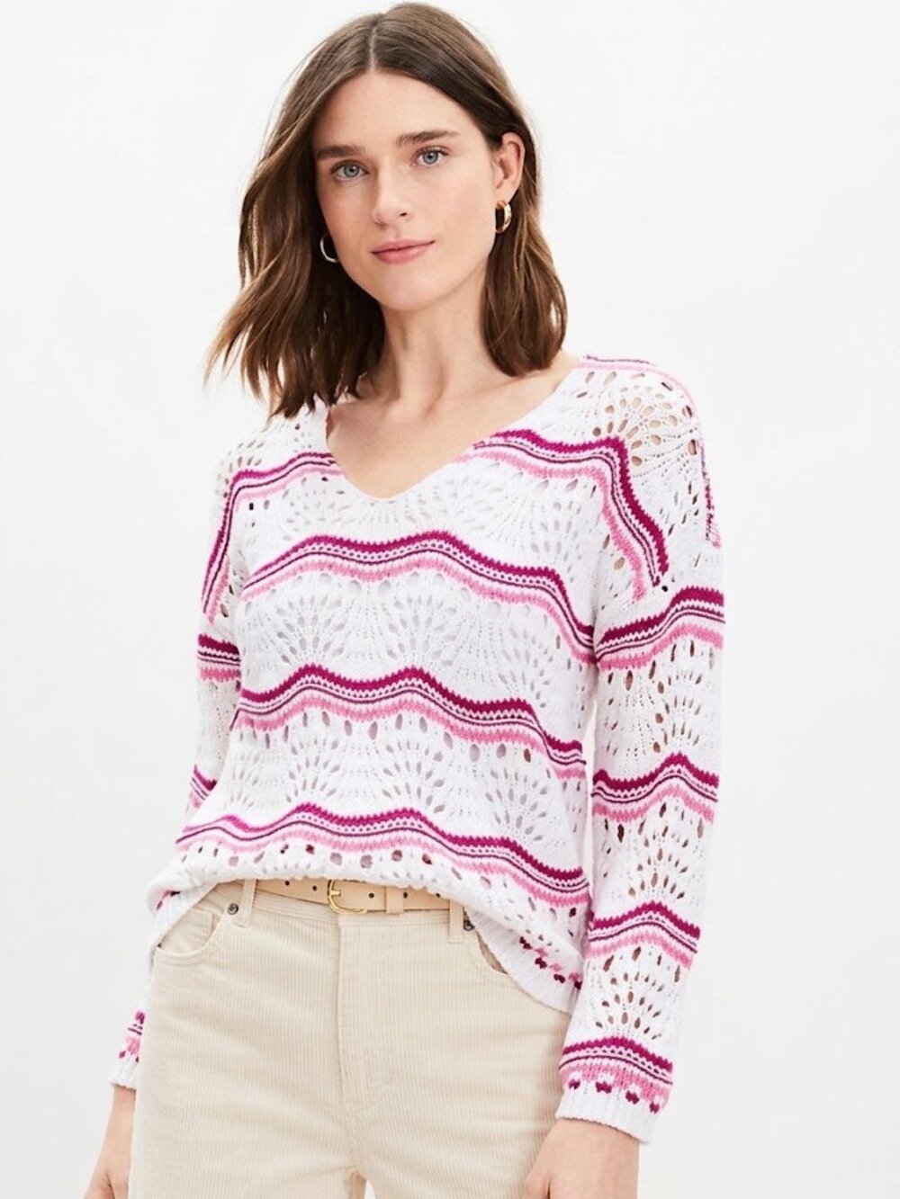 LOFT Cotton Blend Open Stitch V-Neck Sweater